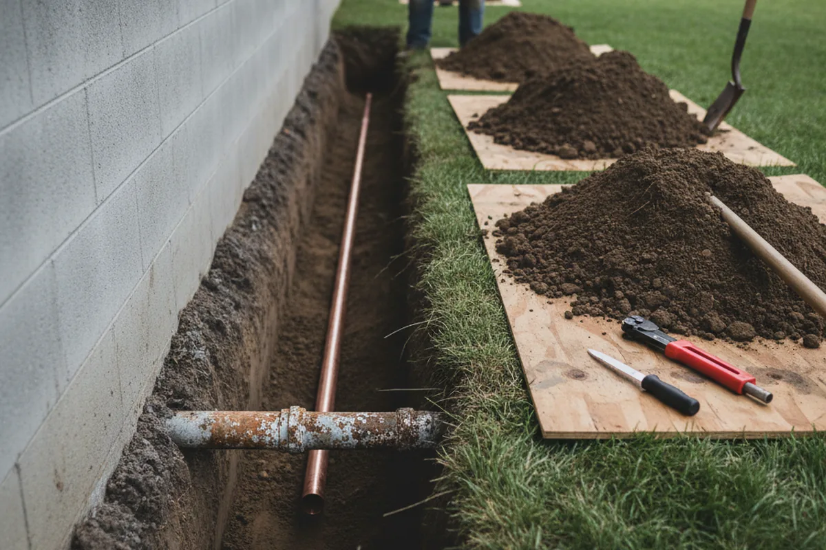 Excavated water line trench during Water Softener Installation in West Des Moines